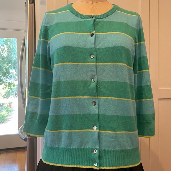"Cashmere" brand woman's cardigan. Kelly green, sky blue stripes w/ yellow - Picture 1 of 3